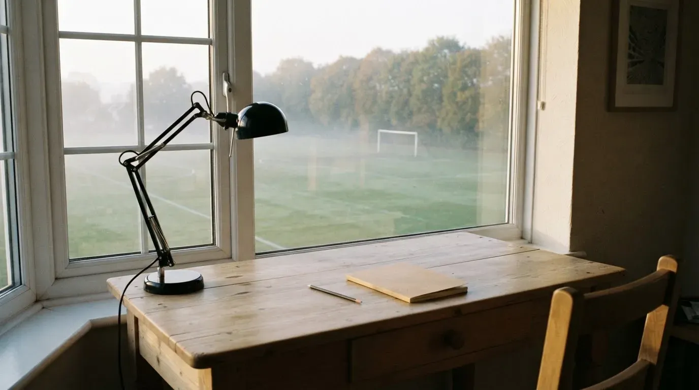 Ein Schreibtisch am Fenster mit Schreibtischlampe, Bleistift und leerem Block, draussen liegt ein Fussballplatz im Dunst.