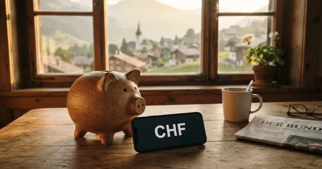 Ein Sparschwein aus Keramik steht auf einem Küchentisch neben einem Smartphone mit dunklem Display, im Fenster dahinter ein Schweizer Dorf im Morgenlicht.