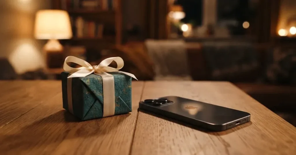 Ein kleines Geschenk mit Schleife steht auf einem Holztisch neben einem Smartphone mit dunklem Display im Seitenlicht.