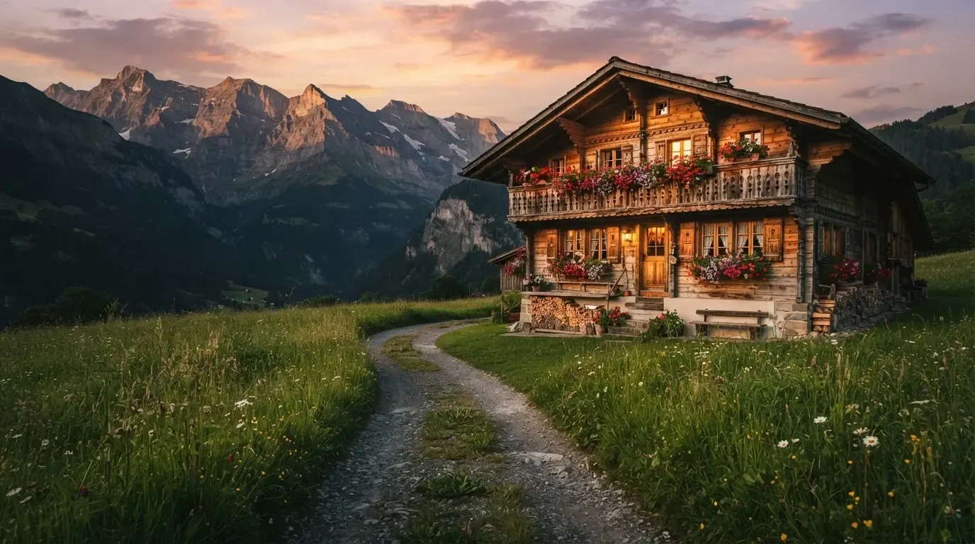 Ein Holzchalet mit Blumenkästen steht vor einer Bergkette im Abendlicht, davor führt ein leerer Feldweg durch eine Wiese.