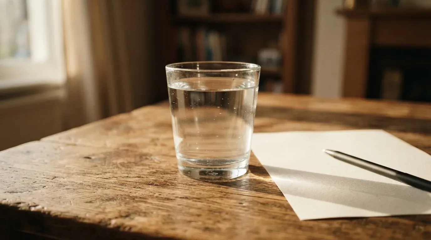 Ein Glas steht bis zum Rand gefüllt auf einem Holztisch, daneben ein Kugelschreiber und ein leeres Blatt Papier im Seitenlicht.