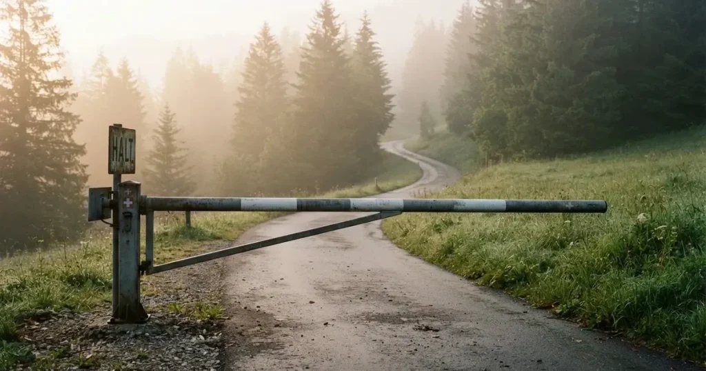 Eine geschlossene Schranke steht an einer ruhigen Bergstrasse im Morgennebel, dahinter Tannen und eine nasse Wiese.