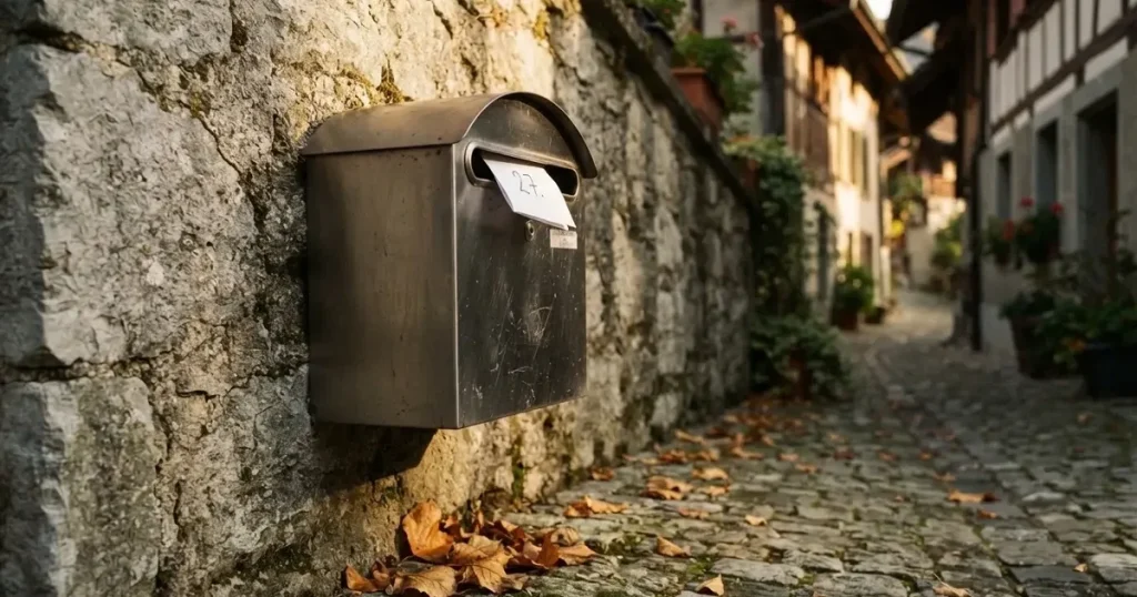 Ein Briefkasten aus Metall hängt an einer Steinmauer in einer Schweizer Gasse, Herbstlaub liegt auf dem Pflaster.