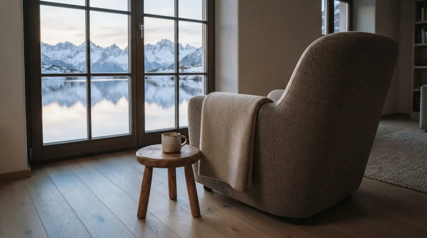 Ein leerer Sessel steht an einem Fenster mit Blick auf einen ruhigen See und schneebedeckte Berge im Morgenlicht.