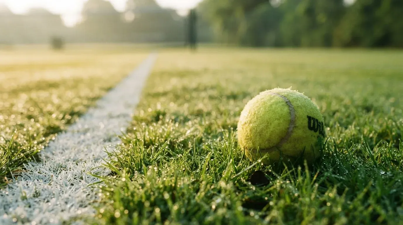 Ein gelber Tennisball liegt im Gras neben der weissen Grundlinie, Tau glitzert auf den Halmen im flachen Sonnenlicht.