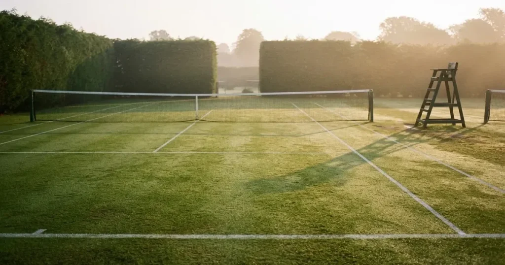 Ein Tennisplatz aus Rasen im ersten Morgenlicht mit frisch gezogenen Linien, einem Netz und einem leeren Schiedsrichterstuhl, dahinter hohe Hecken.