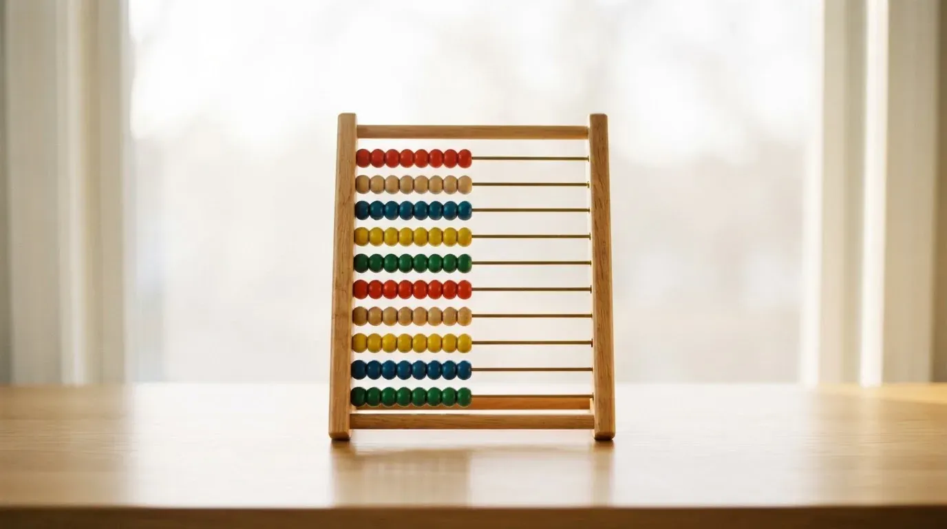 Ein Abakus mit bunten Holzperlen steht auf einem hellen Schreibtisch vor einem unscharfen Fenster.