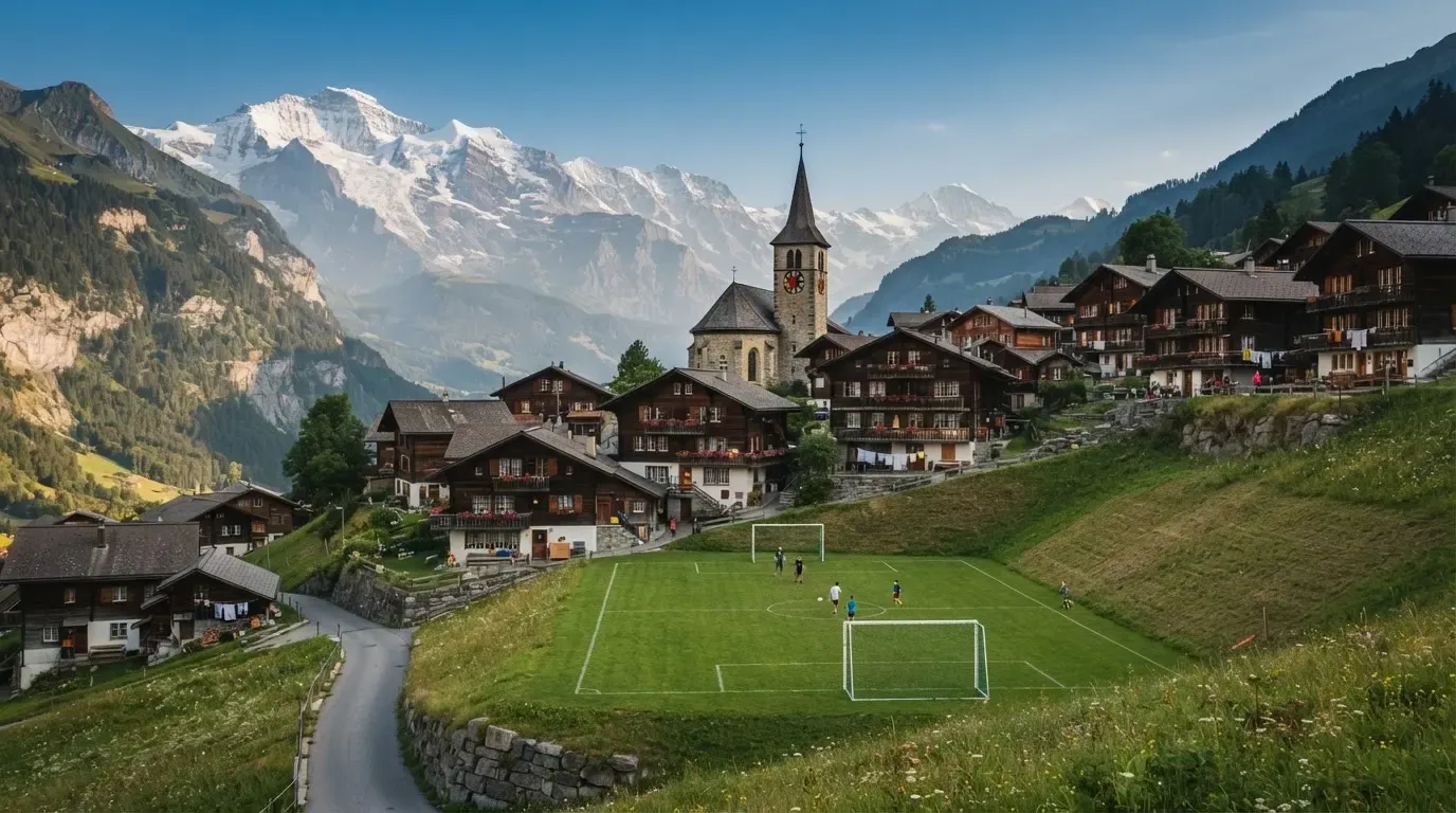 Ein Schweizer Bergdorf mit Kirchturm und einem kleinen Fussballplatz am Hang, im Hintergrund schneebedeckte Gipfel.