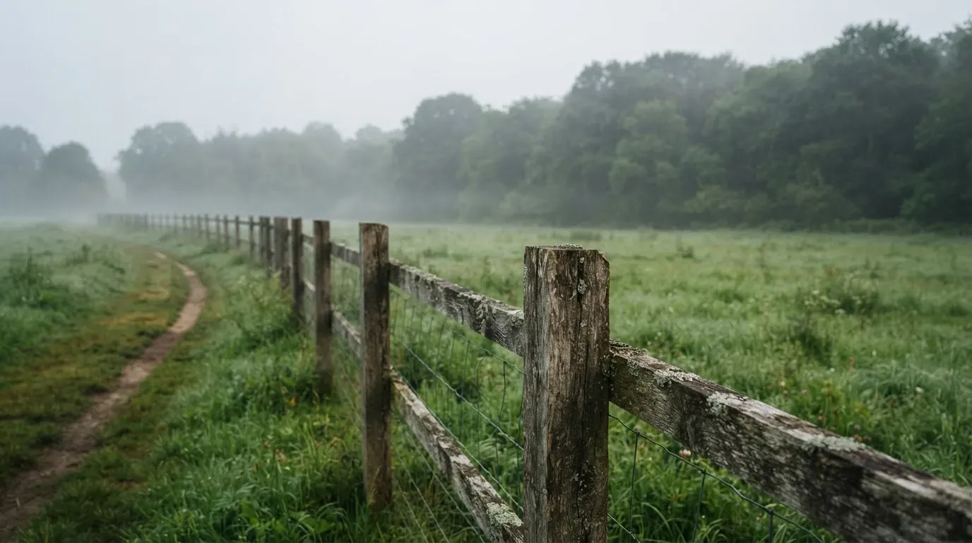 Ein Holzzaun trennt zwei Wiesen entlang eines Feldwegs, dahinter ein Waldrand im diffusen Morgenlicht.