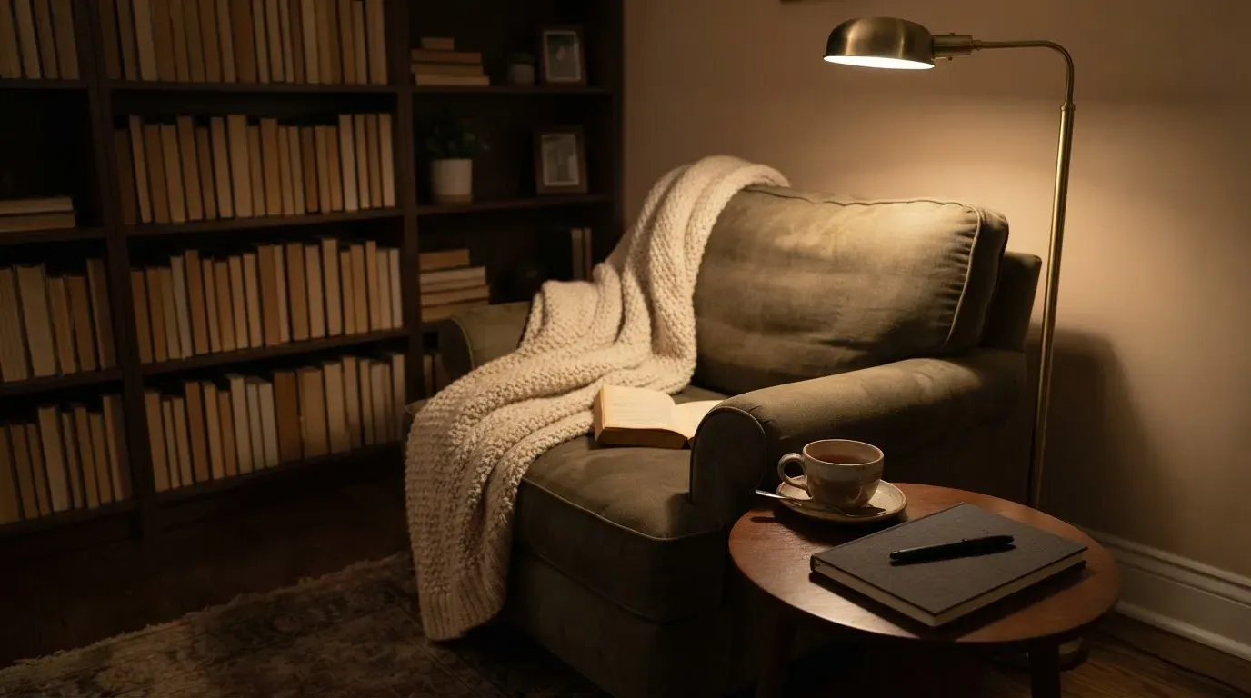 Ein Lesesessel mit Wolldecke steht neben einem Bücherregal und einer Stehlampe, auf dem Tisch eine Teetasse.
