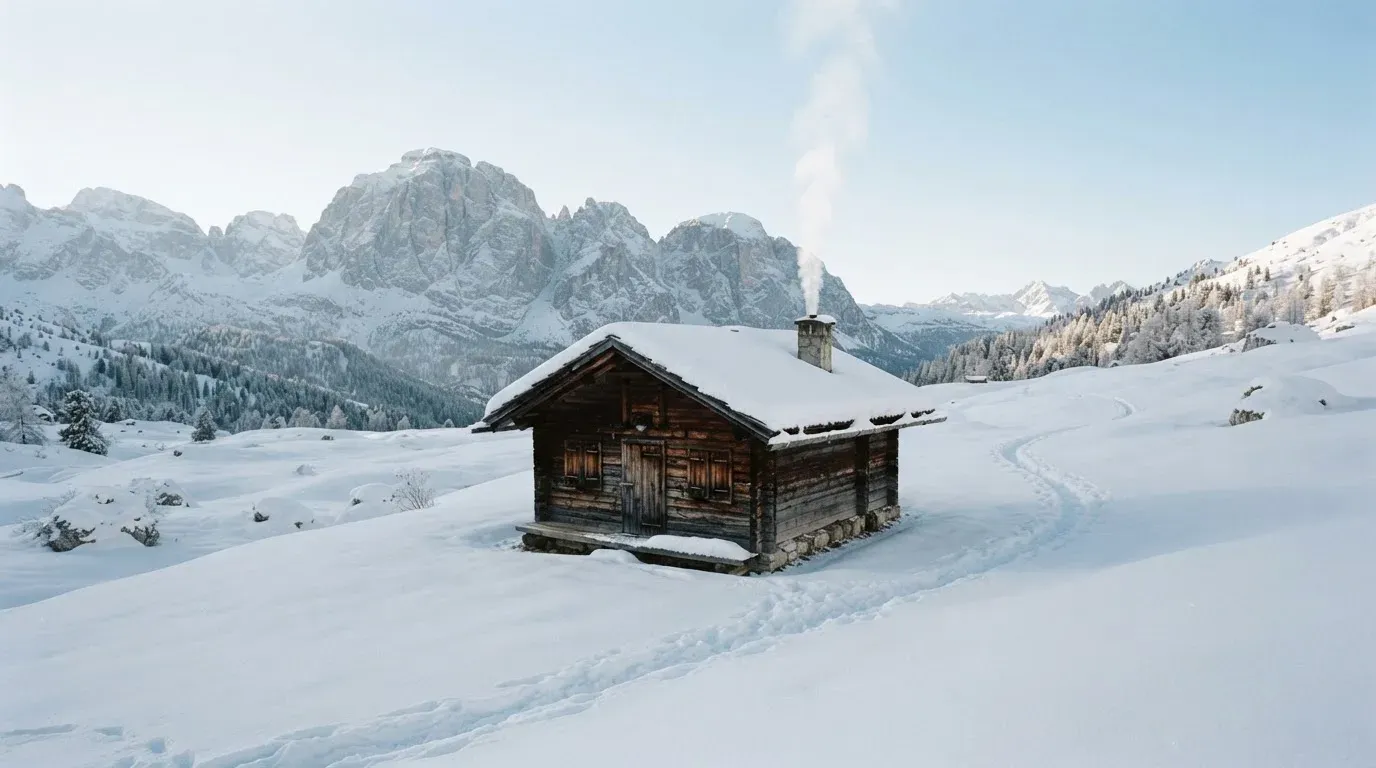 Eine Berghütte im Schnee mit rauchendem Kamin steht vor klarem Himmel, ein Pfad führt in die Stille.