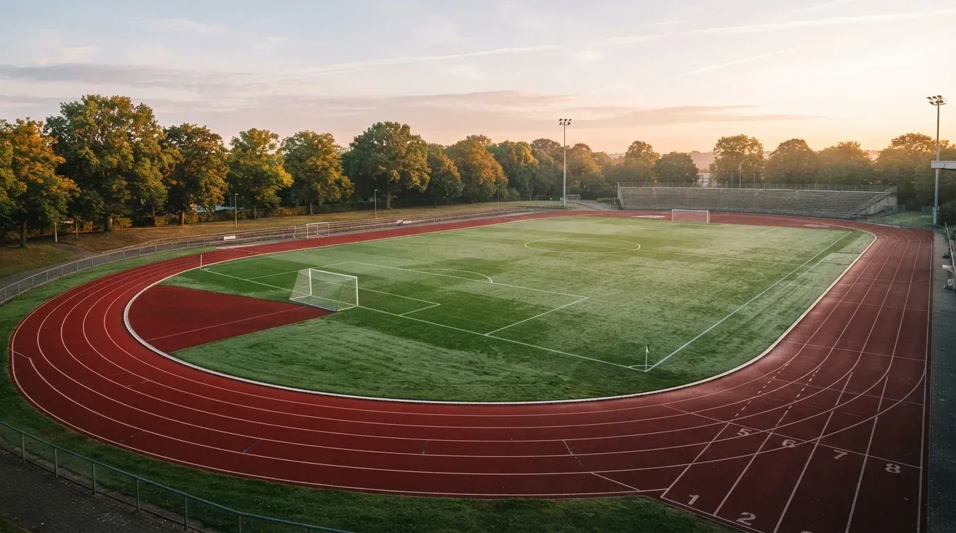 Eine rote Laufbahn umringt ein Fussballfeld beim Sonnenaufgang, auf dem Rasen liegt Tau.