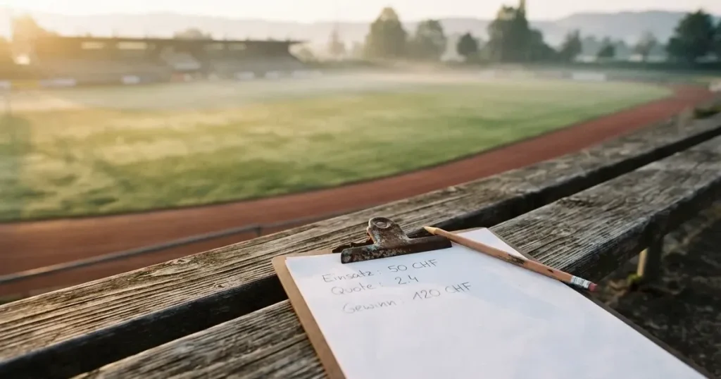 Ein Klemmbrett mit leerem Papier und ein Bleistift liegen auf einer Tribünenbank, darunter ein Rasenplatz im Frühnebel.