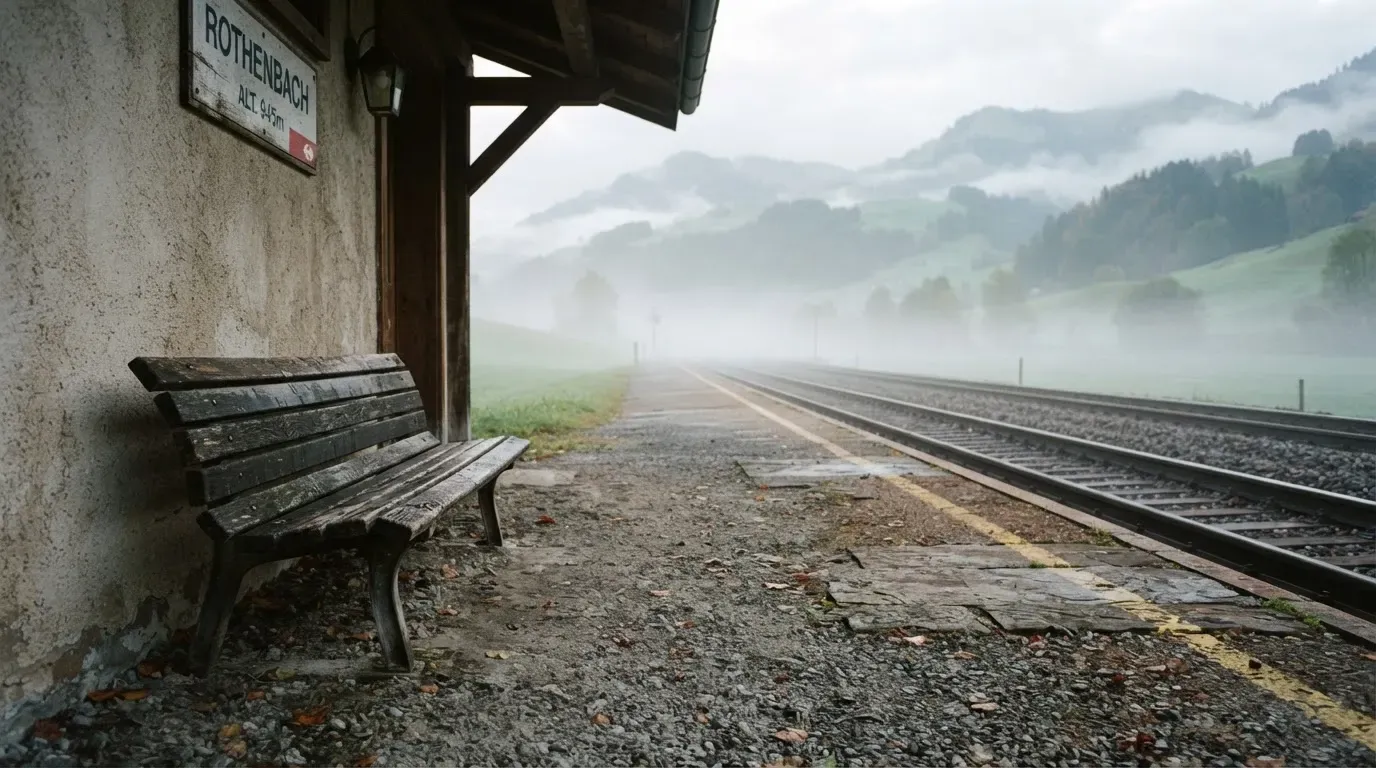 Ein leerer Bahnsteig mit einer Holzbank im Morgennebel, dahinter sanfte Hügel.