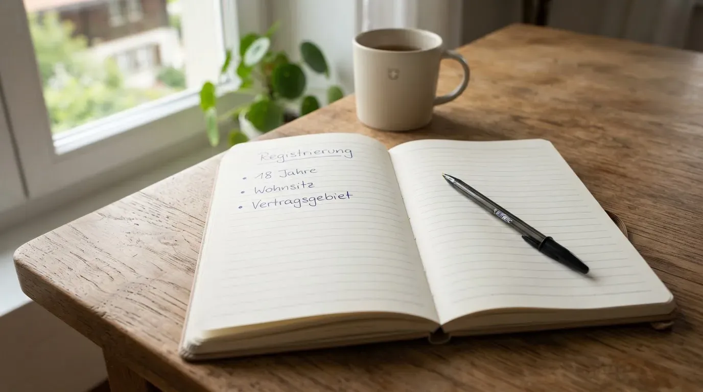 Ein aufgeschlagenes Notizbuch mit handschriftlichen Notizen und ein Kugelschreiber liegen auf einem Holztisch neben einem Fenster mit Tageslicht.