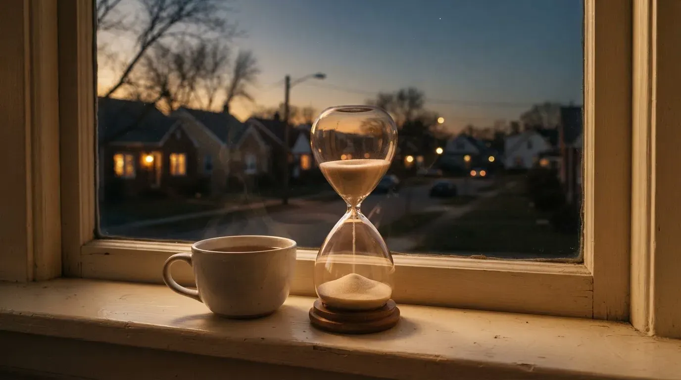 Eine Sanduhr steht auf einem Fensterbrett neben einer Tasse Tee, draussen dämmert es über einer ruhigen Strasse.