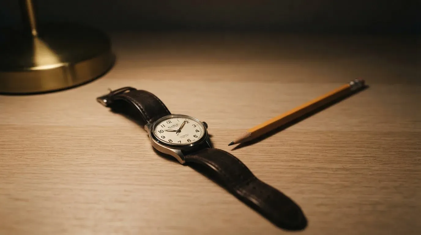 Eine Armbanduhr und ein gespitzter Bleistift liegen auf einem hellen Holztisch im Licht einer Schreibtischlampe.
