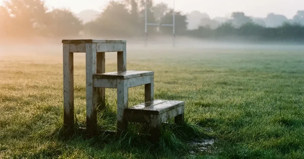 Drei hölzerne Podeststufen in unterschiedlicher Höhe stehen im Morgentau auf einem Rasenplatz, im Hintergrund ziehen Nebelschwaden.