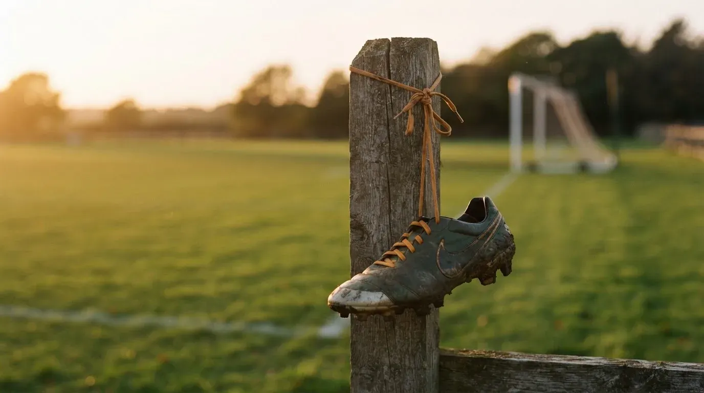 Ein Fussballschuh hängt an den Schnürsenkeln an einem Zaunpfosten neben einem Trainingsplatz im Abendlicht.