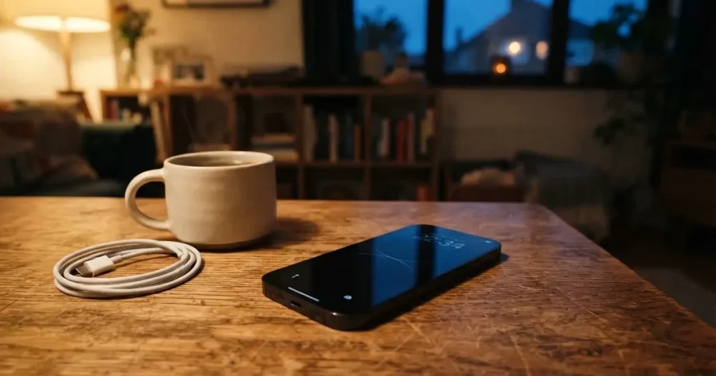 Ein Smartphone mit dunklem Display liegt auf einem Holztisch neben einem Ladekabel und einer Kaffeetasse.