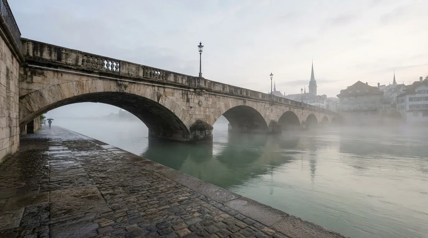 Eine Steinbrücke führt im Frühnebel über einen Fluss, auf dem Fussweg ist niemand zu sehen.