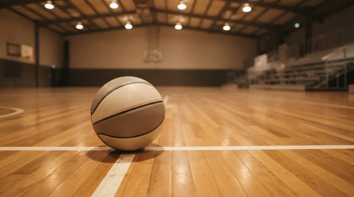 Ein Basketball liegt auf dem Parkett einer leeren Sporthalle im Licht der Deckenlampen.