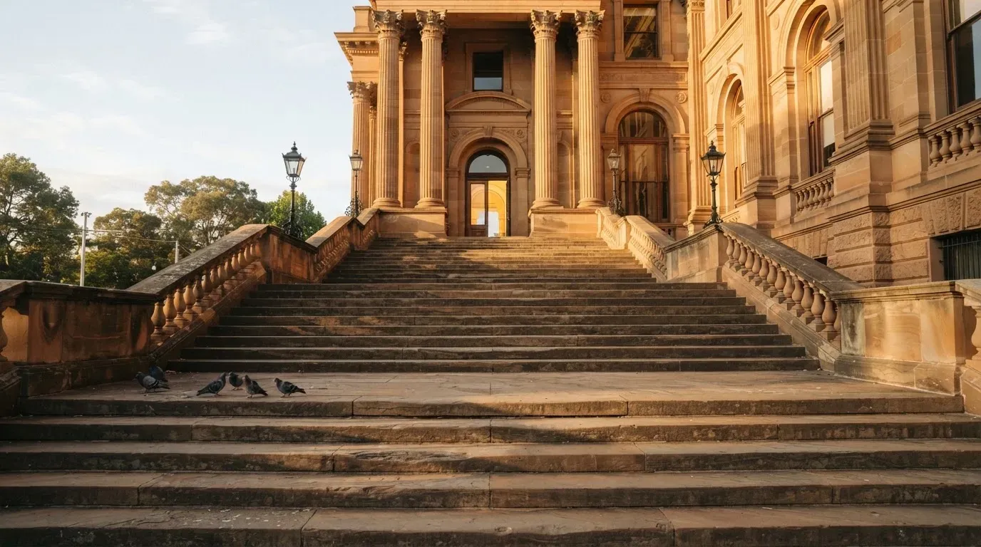 Eine breite Treppe aus Sandstein führt im Morgenlicht zu einem hohen Gebäude.
