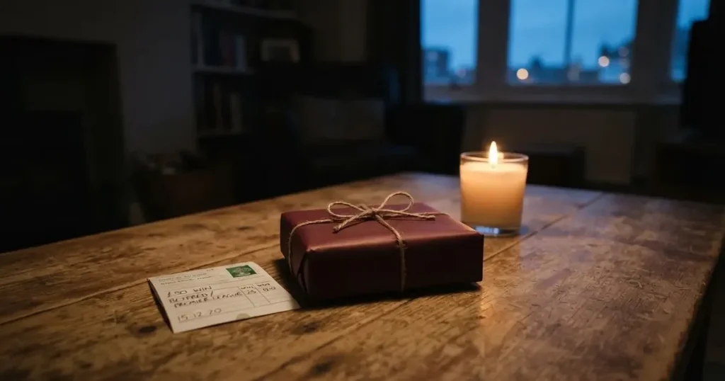 Ein einzelnes Geschenkpaket mit Schnur liegt auf einem Holztisch neben einer brennenden Kerze.