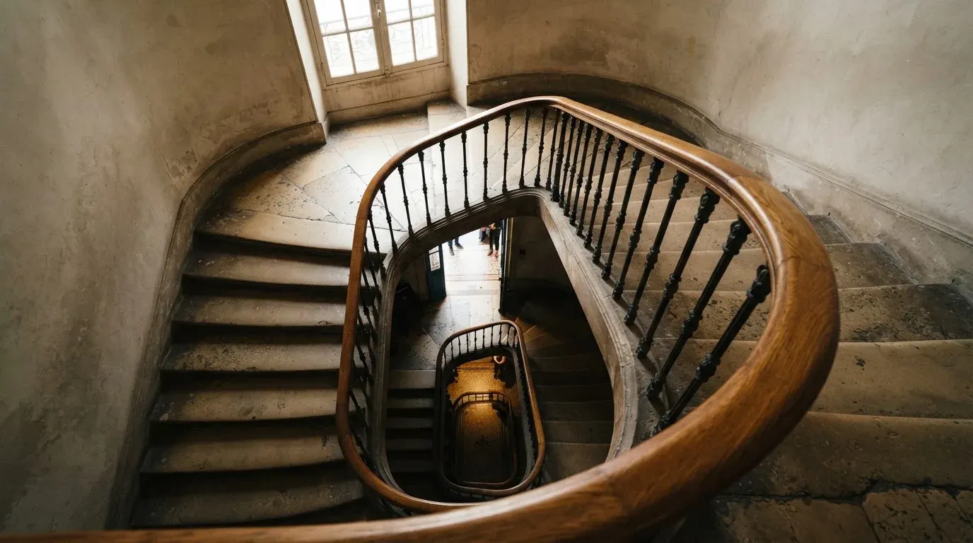 Ein Treppenhaus mit Holzgeländer, von oben fotografiert, die Stufen winden sich nach unten.