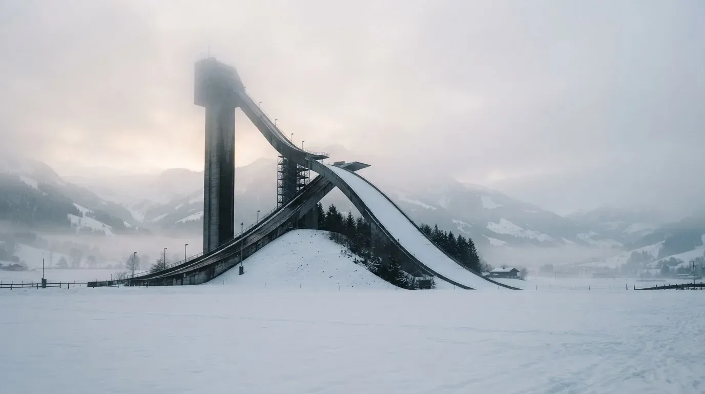 Eine Skisprungschanze ragt aus der Ferne gesehen in den Morgennebel, davor ein verschneites Feld.
