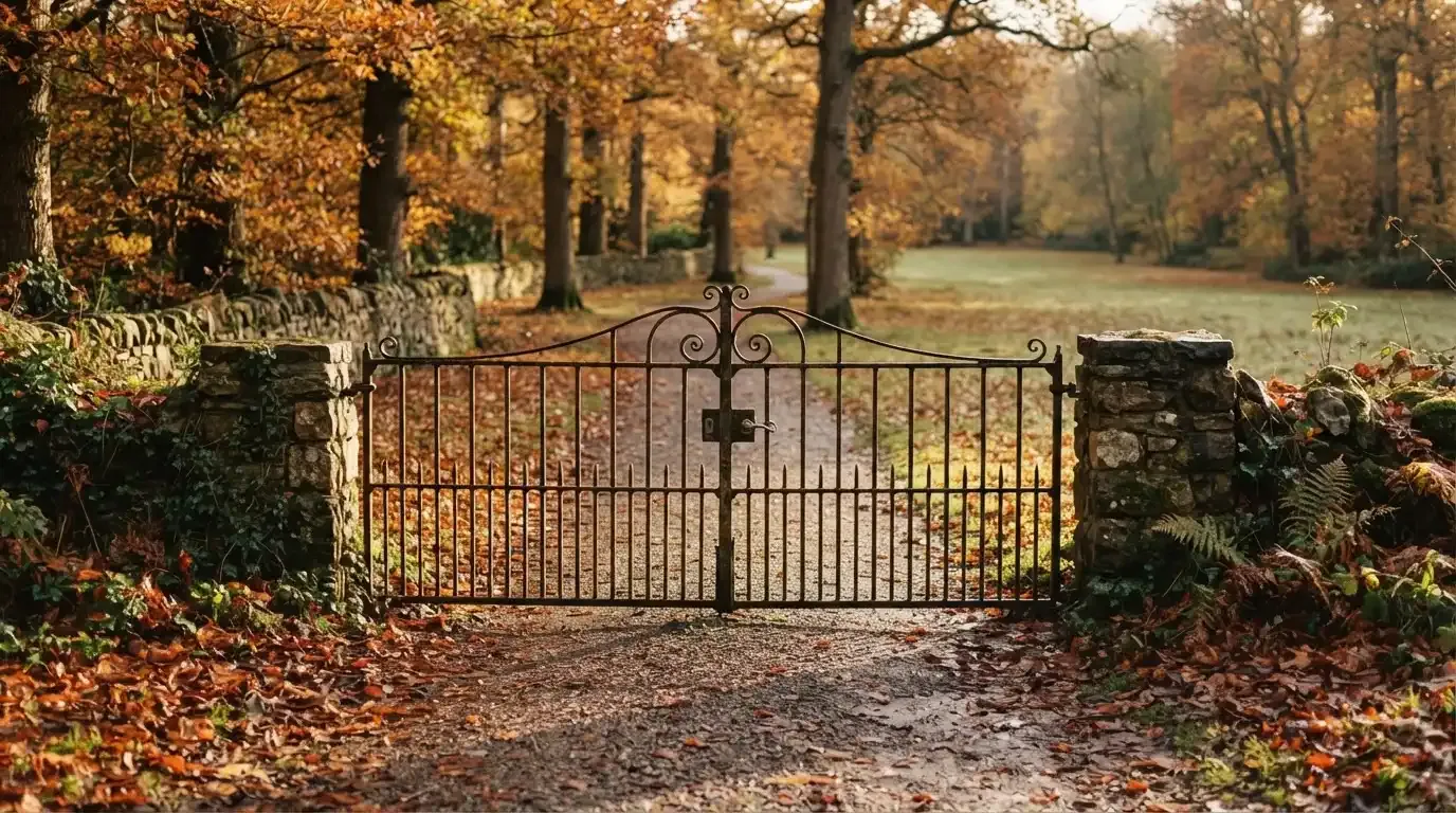 Ein geschlossenes Tor aus Schmiedeeisen steht vor einem Park im Herbstlicht, auf dem Kies liegt Laub.