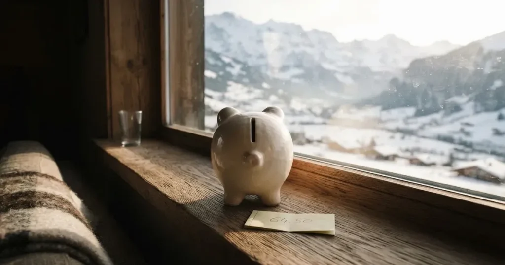 Eine leere Sparbüchse aus Keramik steht auf einem Fensterbrett, draussen liegt eine verschneite Landschaft im Gegenlicht.