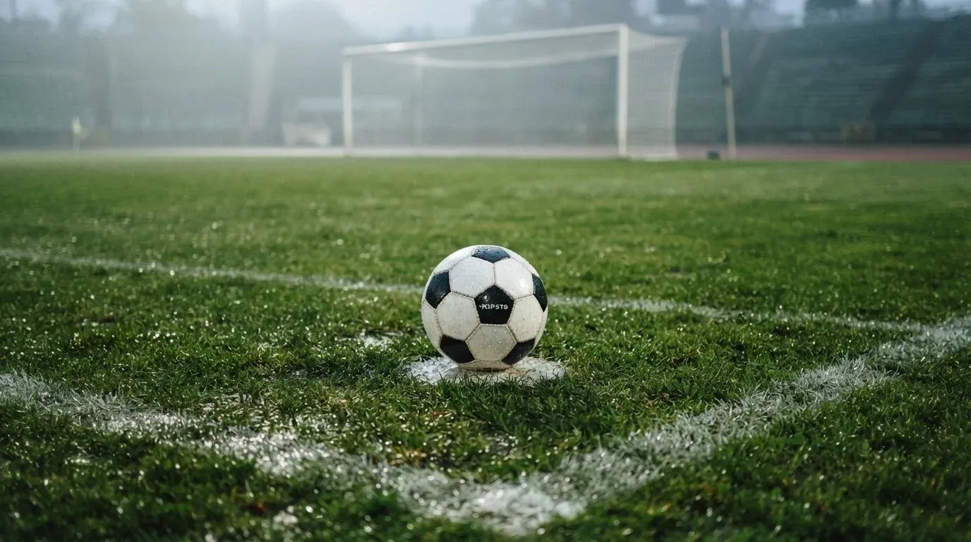 Ein einzelner Fussball liegt auf dem Elfmeterpunkt eines leeren Strafraums, der Rasen glänzt nass.