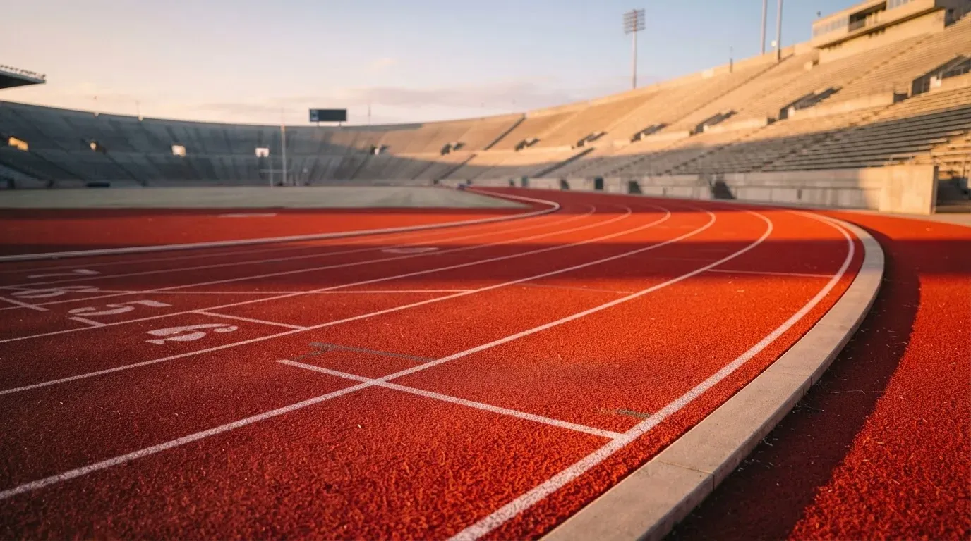 Eine rote Laufbahn in einem leeren Stadion bei Sonnenaufgang, die Bahnen ziehen sich in die Kurve.