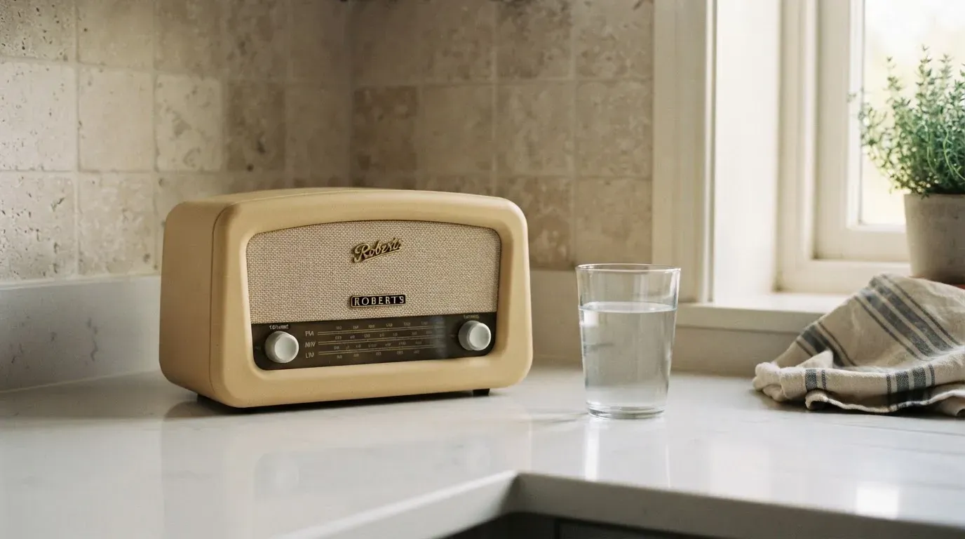 Ein altes Radio steht auf einer Küchenablage neben einem Glas Wasser, Morgenlicht fällt durchs Fenster.