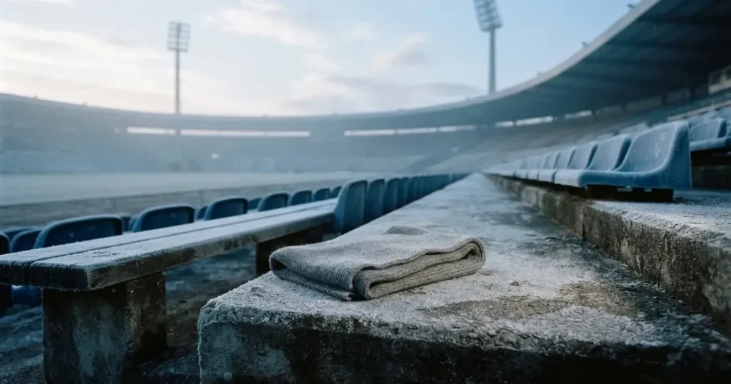 Ein einfarbiger grauer Schal liegt auf einer leeren Betontribüne, Raureif auf den Sitzen, kühles Morgenlicht über dem Stadion