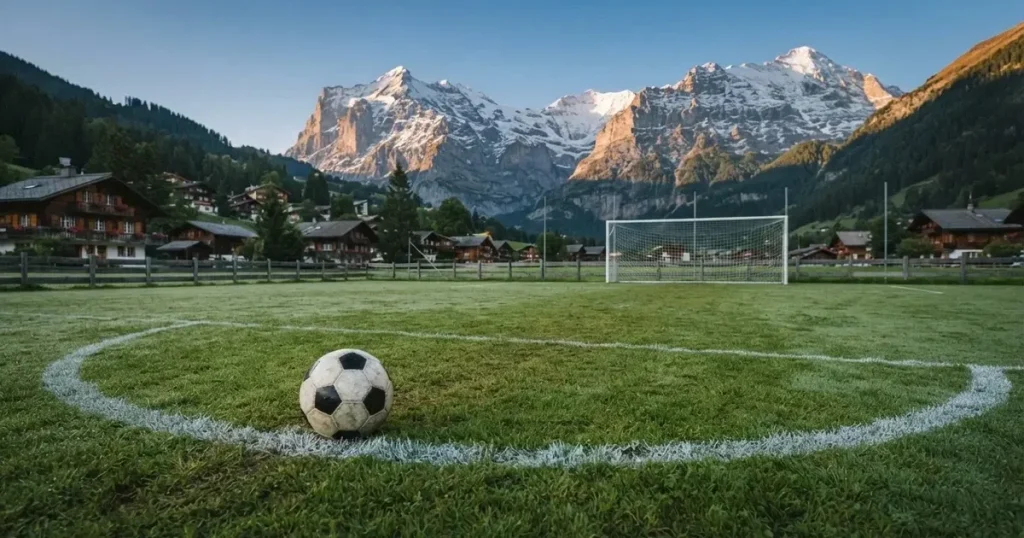 Ein Dorf-Sportplatz mit einem Ball am Strafraumrand, dahinter schneebedeckte Alpengipfel im klaren Morgenlicht
