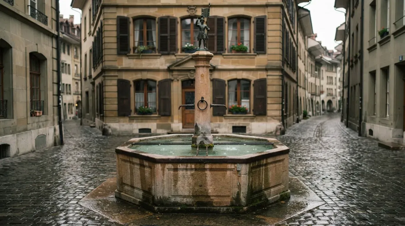 Ein Brunnen vor einer Sandsteinfassade in einer Altstadtgasse, nasses Kopfsteinpflaster und gedämpftes Licht eines bewölkten Morgens