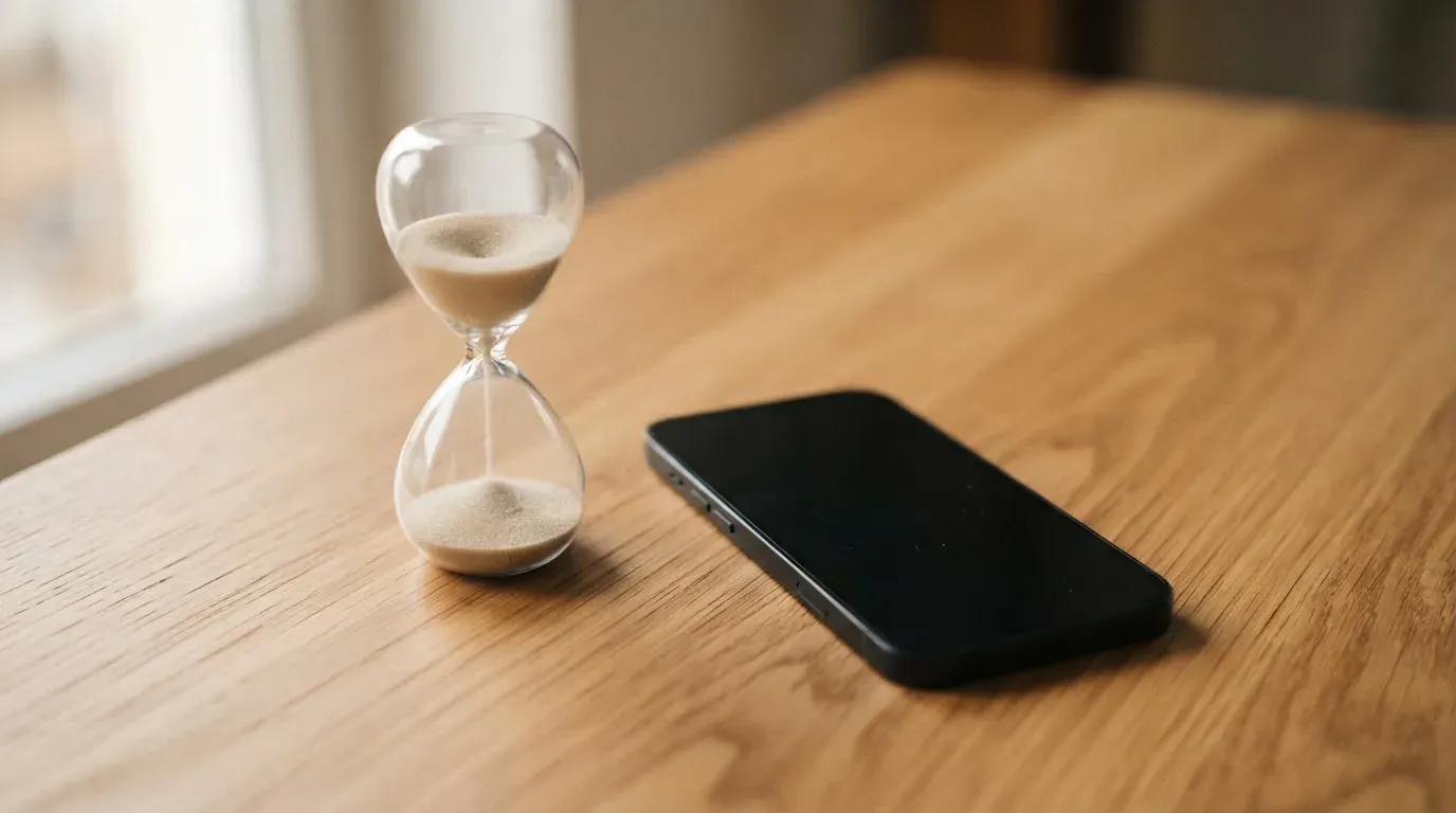 Eine Sanduhr steht neben einem Smartphone mit dunklem Display auf einem Holztisch, ruhiges Tageslicht fällt von der Seite ein