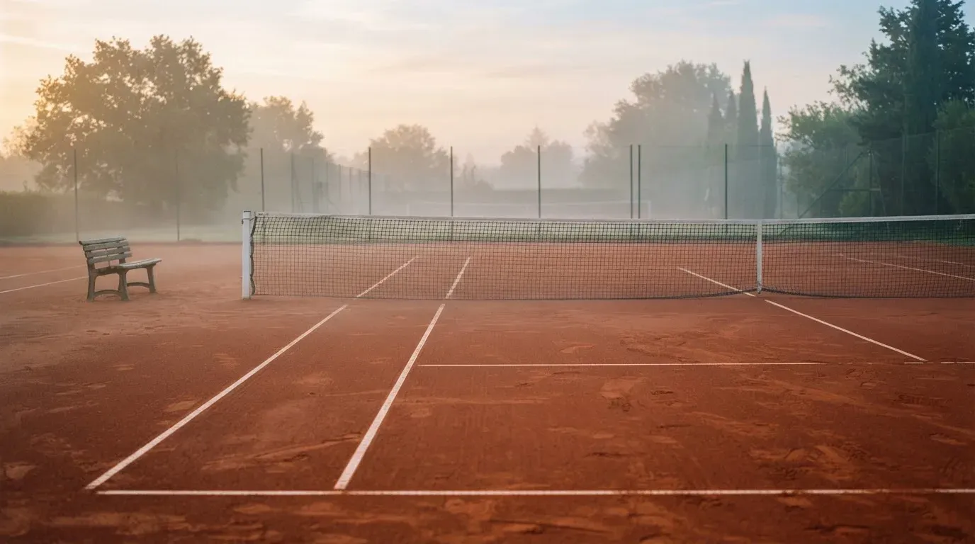 Ein Tennisplatz mit Sandbelag in der Morgendämmerung, Netz und Linien liegen im ersten Licht, Nebel hängt über dem Boden