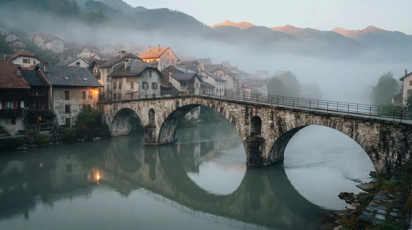 Eine steinerne Brücke über einen Fluss in einer Kleinstadt am frühen Morgen, Nebel zieht zwischen den Dächern hindurch