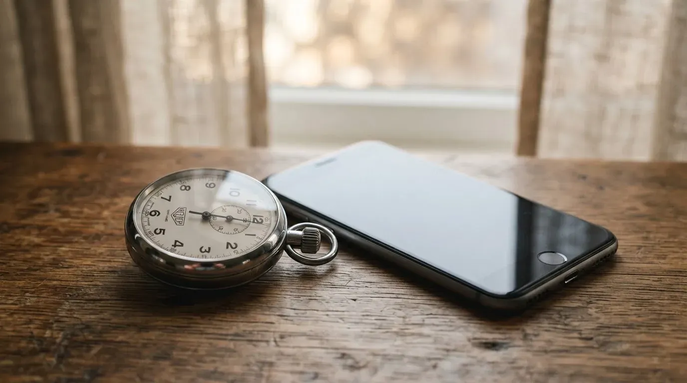 Eine Stoppuhr und ein Smartphone mit dunklem Display liegen nebeneinander auf einem Holztisch, weiches Fensterlicht