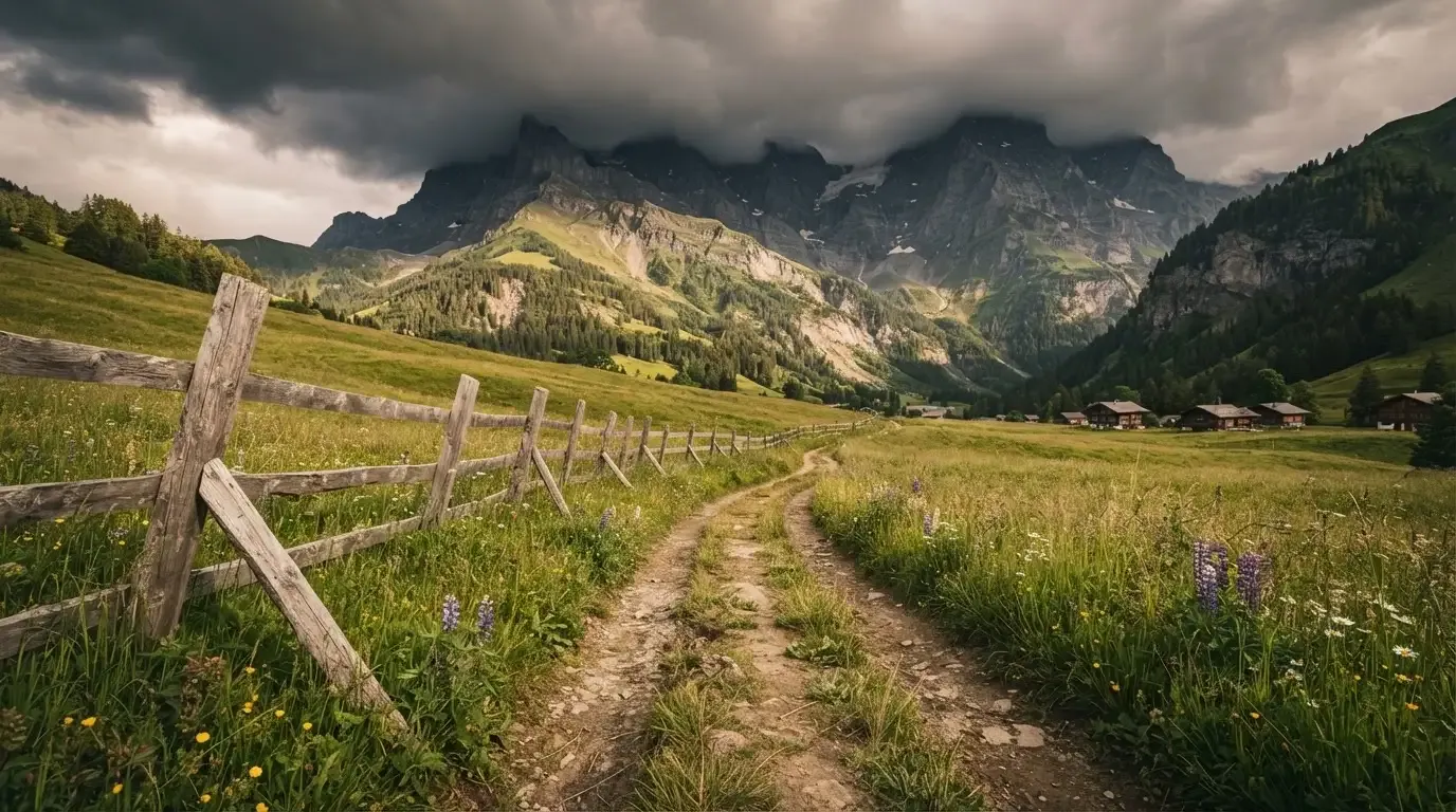 Ein Feldweg führt durch eine Alpwiese mit Holzzaun, im Hintergrund hängen Wolken über einem felsigen Gipfel
