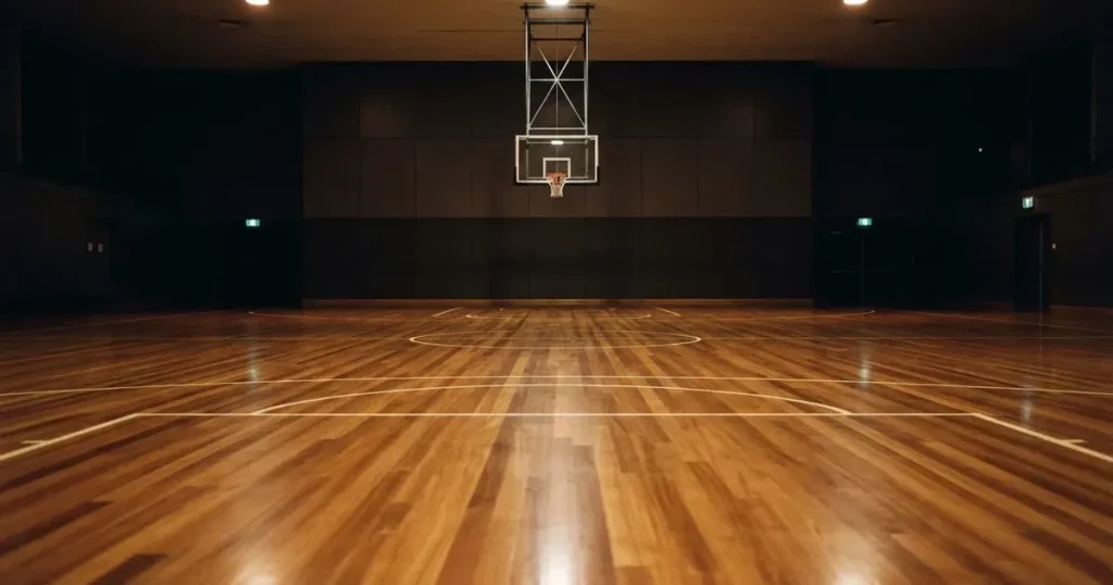 Ein Basketballkorb in einer leeren Halle, der Parkettboden glänzt im Licht der Deckenlampen