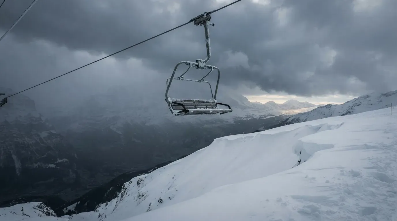 Ein Sessel eines Skilifts schwebt über einer verschneiten Hangkante, dahinter ziehen graue Wolken auf