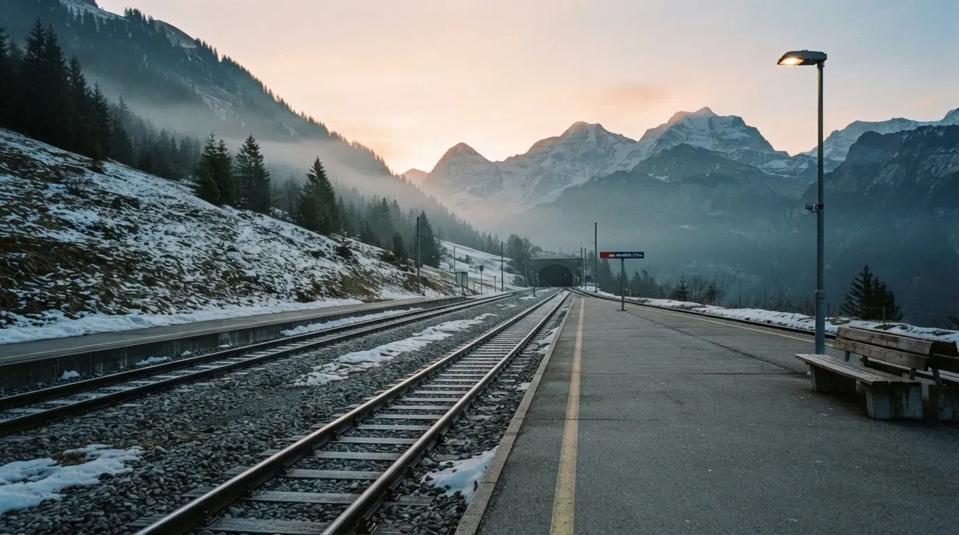 Ein Bahngleis in den Bergen mit Schneeresten und einem leeren Perron im Morgengrauen