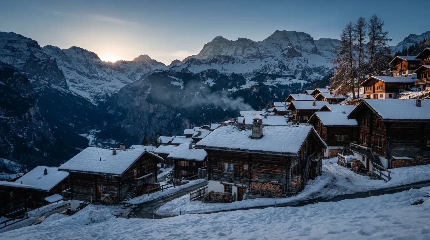 Ein Bergdorf mit Holzhäusern im Schnee, Rauch steigt aus einem Kamin, später Nachmittag mit tiefem Licht