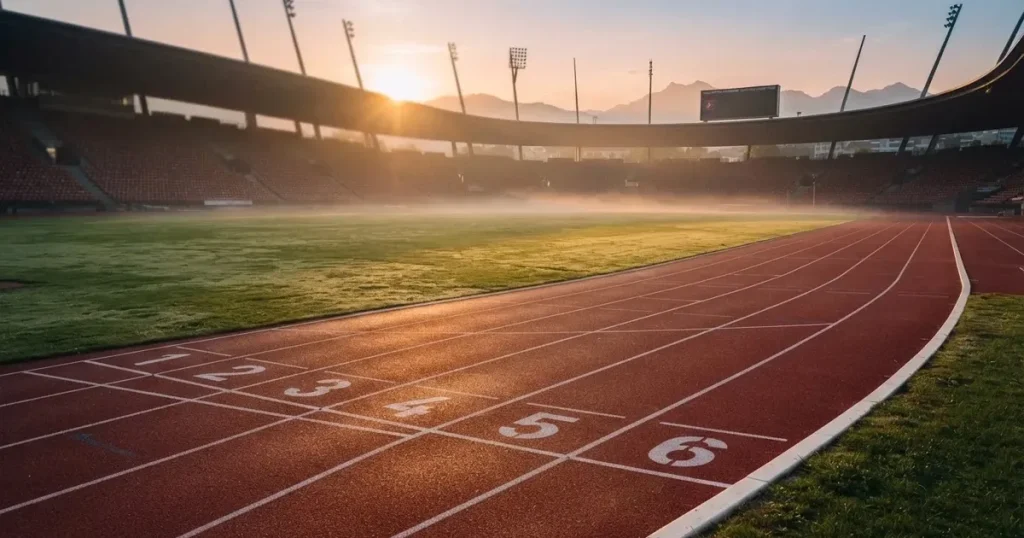 Eine rote Laufbahn in einem leeren Leichtathletikstadion, Morgentau liegt auf dem Rasen in der Mitte