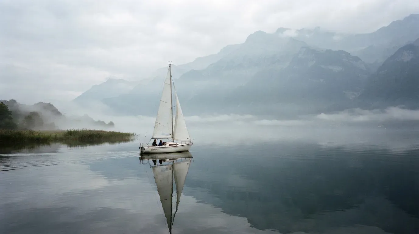 Ein kleines Segelboot auf einem ruhigen Bergsee, Nebel liegt am Ufer, die Berge verschwinden im Dunst