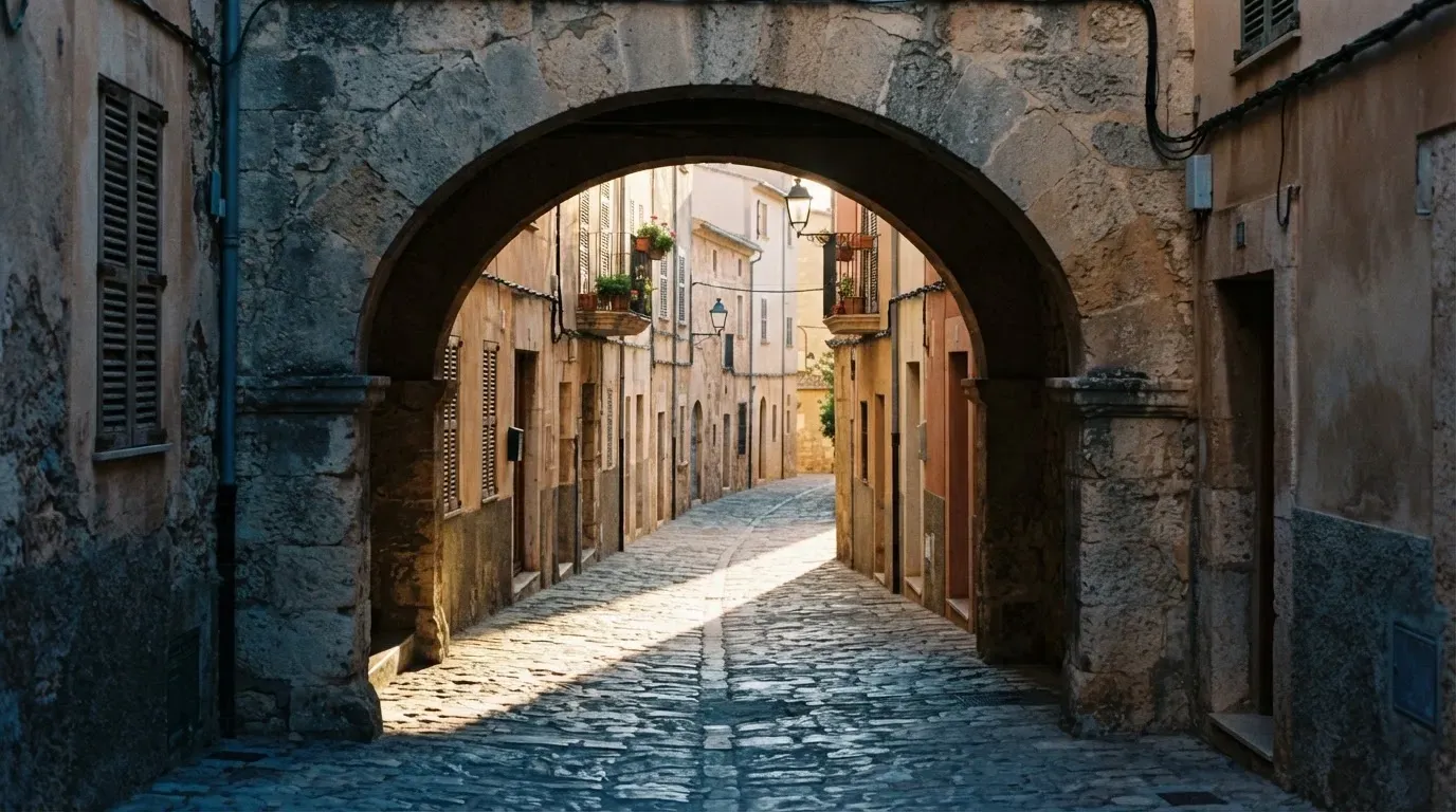Ein steinerner Torbogen in einer Altstadtgasse, Morgensonne fällt schräg auf das Pflaster